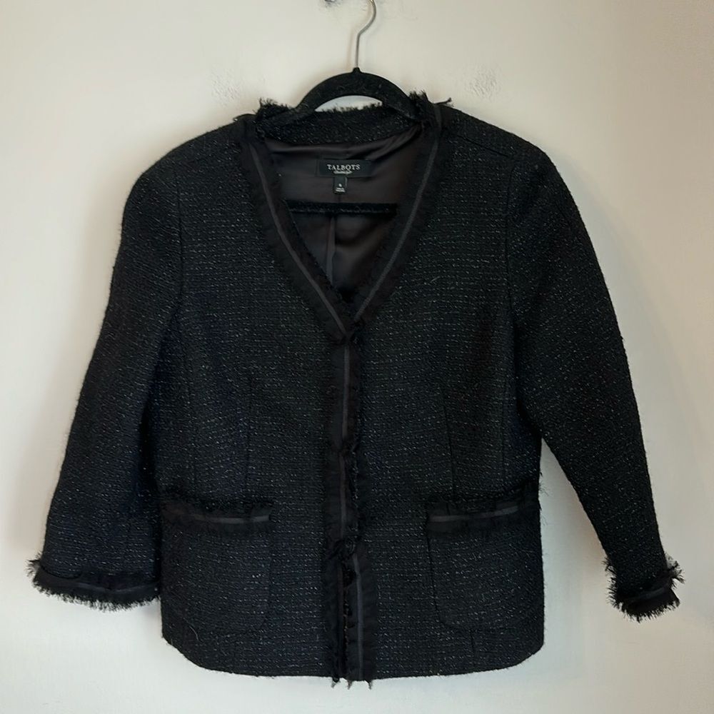 Talbots Women black tweed sparkle holiday raw hem blazer suit jacket size. 8 EUC